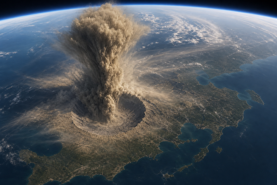 5 km級隕石の地球規模の噴出物を示す図