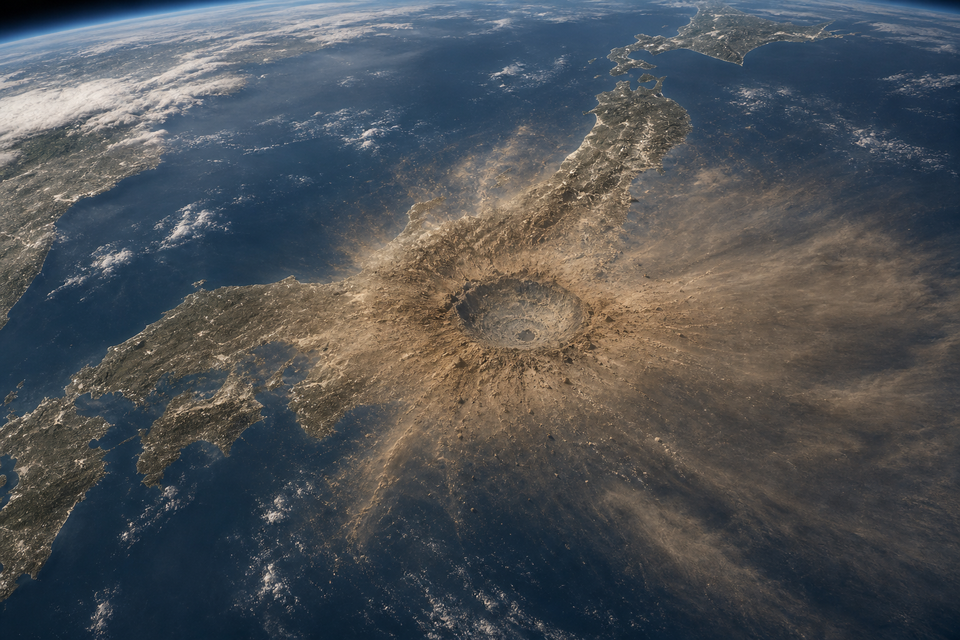 5 km級隕石の日本周辺への影響を示す図
