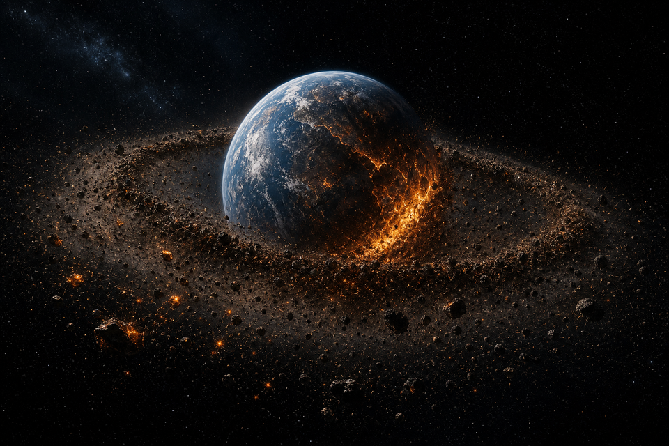 巨大惑星衝突後の地球と破片円盤を示す概念図