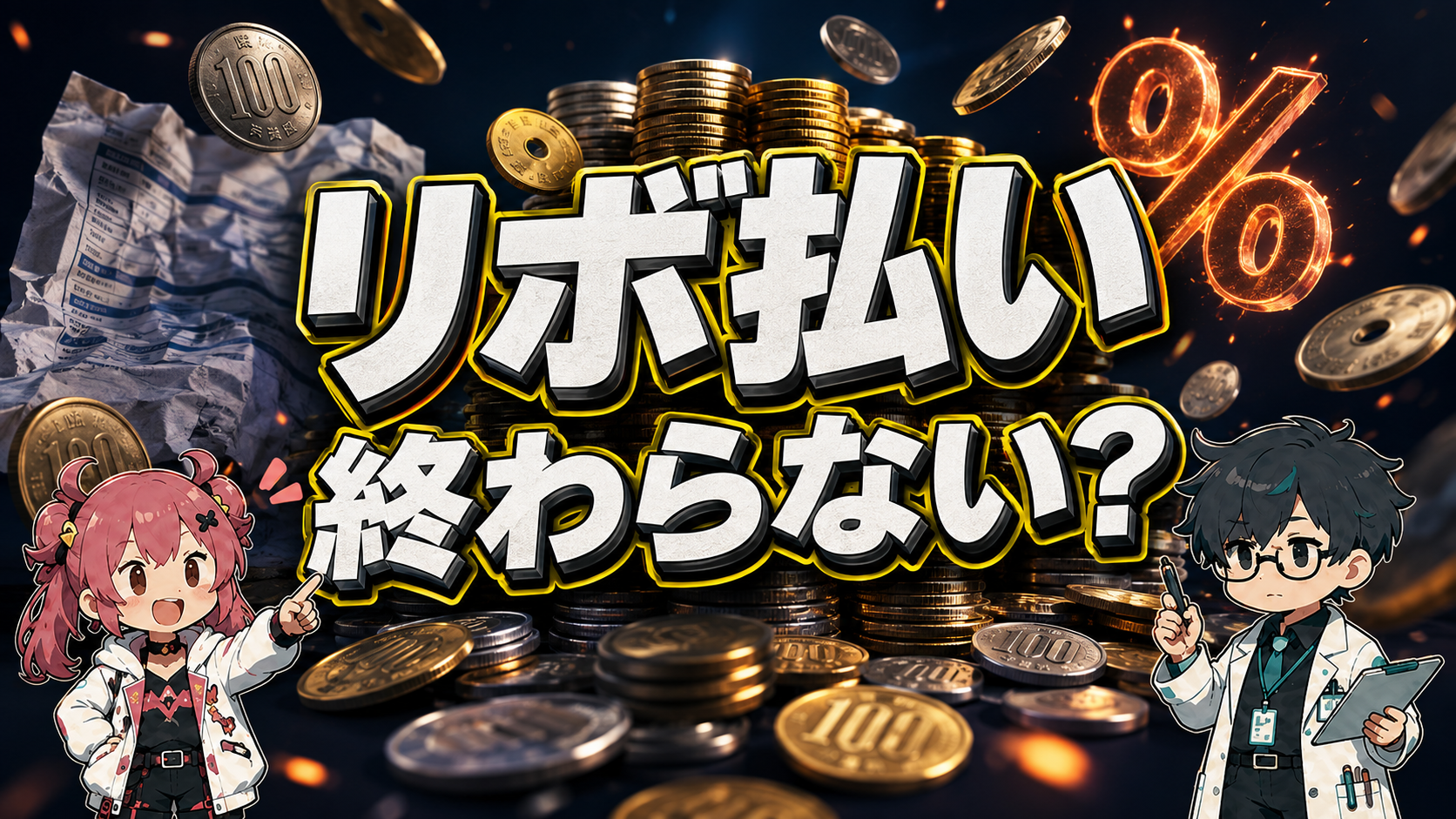 リボ払い 終わらない？という文字とコインの山を描いたサムネイル